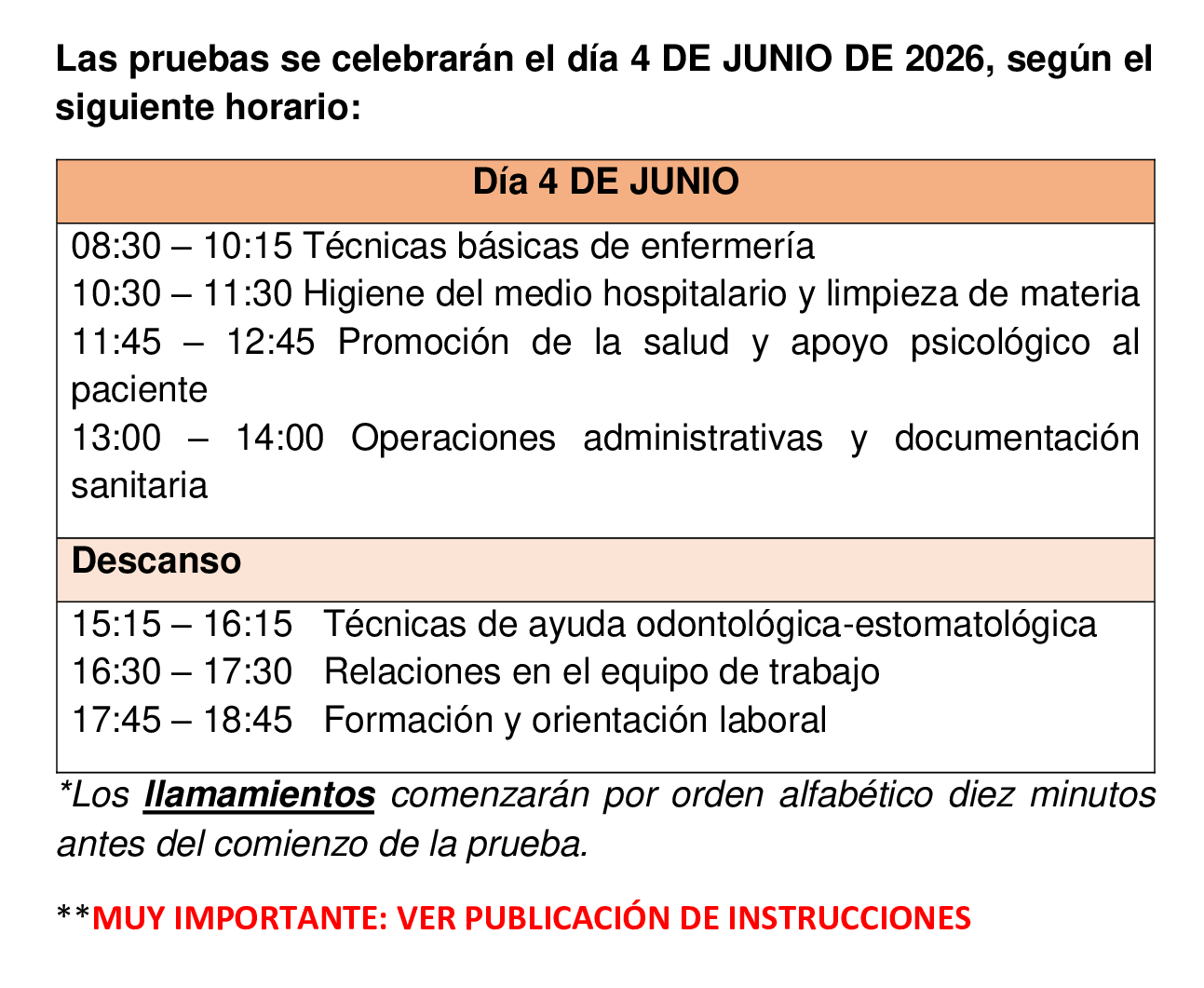 HORARIO CELEBRACIÓN DE LAS PRUEBAS LIBRES
